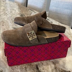 Tory Burch Brown Suede Mules with Gold Logo